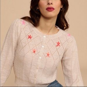 NWOT Rouje Serena tan cardigan knit sweater flowers, sz 34/xs